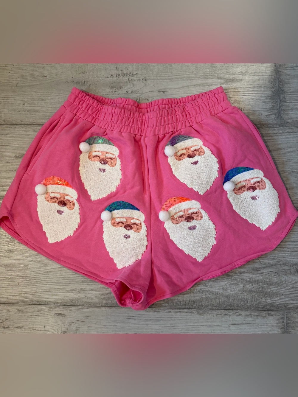QUEEN OF SPARKLES Pink Santa Face Holiday Lounge Shorts